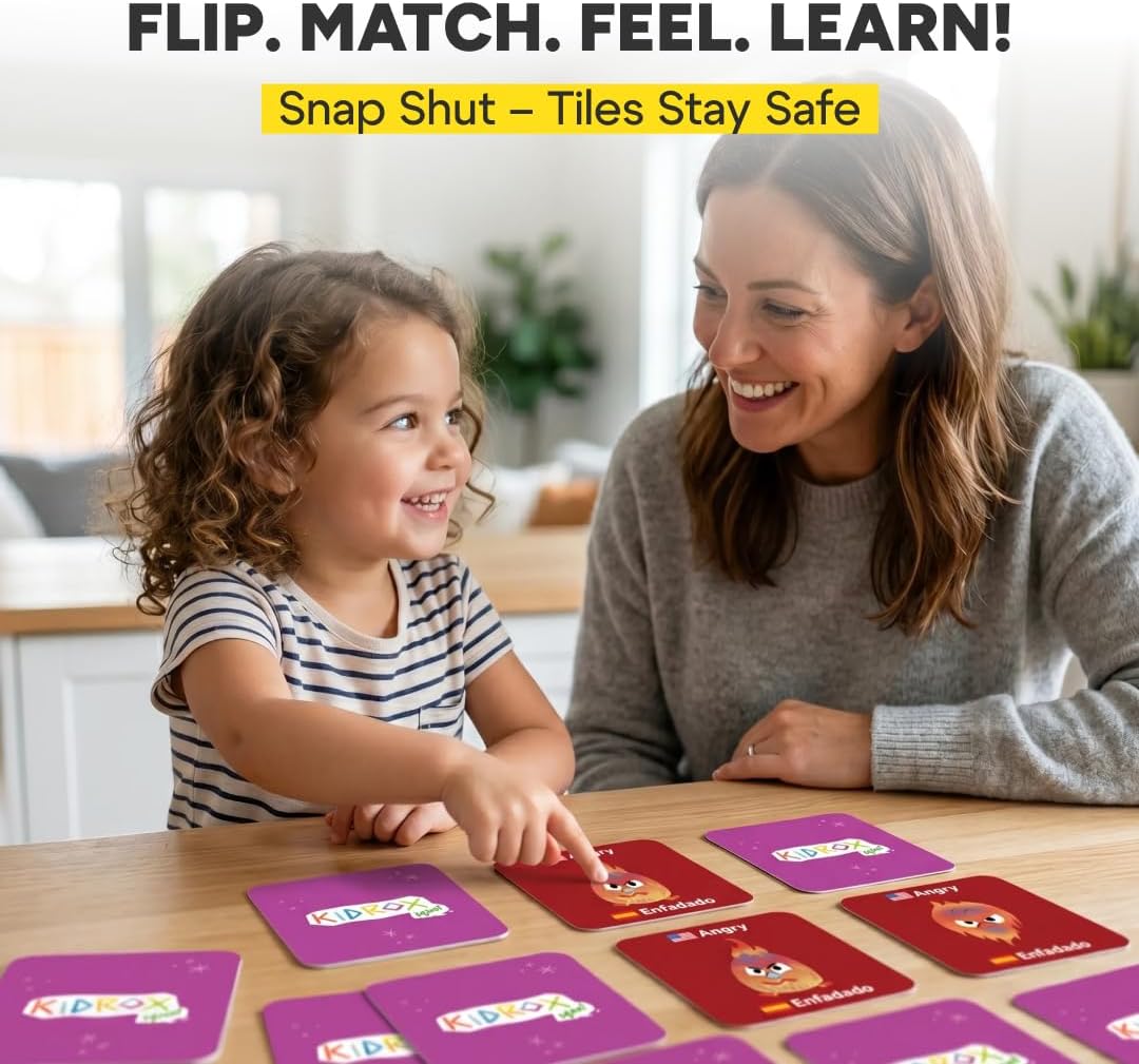Kidrox Squad Alphabet Flashcards for Kids – 26 Slide-Reveal Cards in English & Spanish | Magic Pull-Tab Bilingual Learning Game for Toddlers & Preschoolers Age 3+