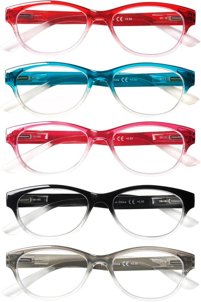 SIGVAN Ladies Cat Eye Reading Glasses 5 Pairs Blue Light Blocking Spring Hinge Fashion Pattern Print Readers for Women