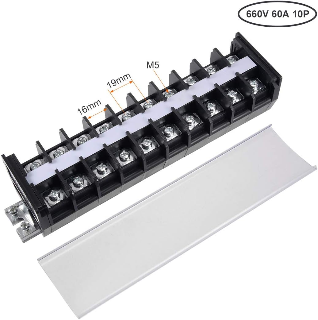 uxcell Barrier Terminal Strip Block 660V 60A Dual Rows 10 Position DIN Rail Base Covered Screw