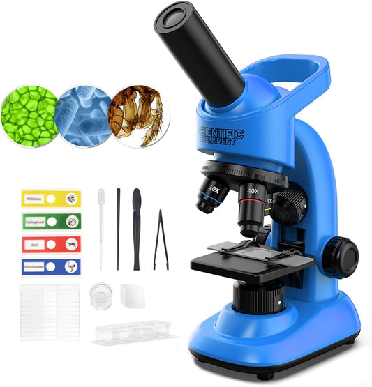 Microscope for Kids Scientific Experiment Kit 40X-1600X Magnification LED Light Educational STEM Kit with Slides and Lab Tools (Blue)