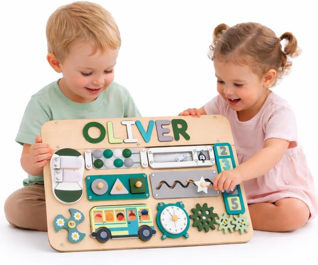 Montessori Busy Board with Personalized Name Puzzle, Wooden Sensory Activity Toy for Toddlers 1-3, First Birthday Gift