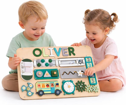 Montessori Busy Board with Personalized Name Puzzle, Wooden Sensory Activity Toy for Toddlers 1-3, First Birthday Gift