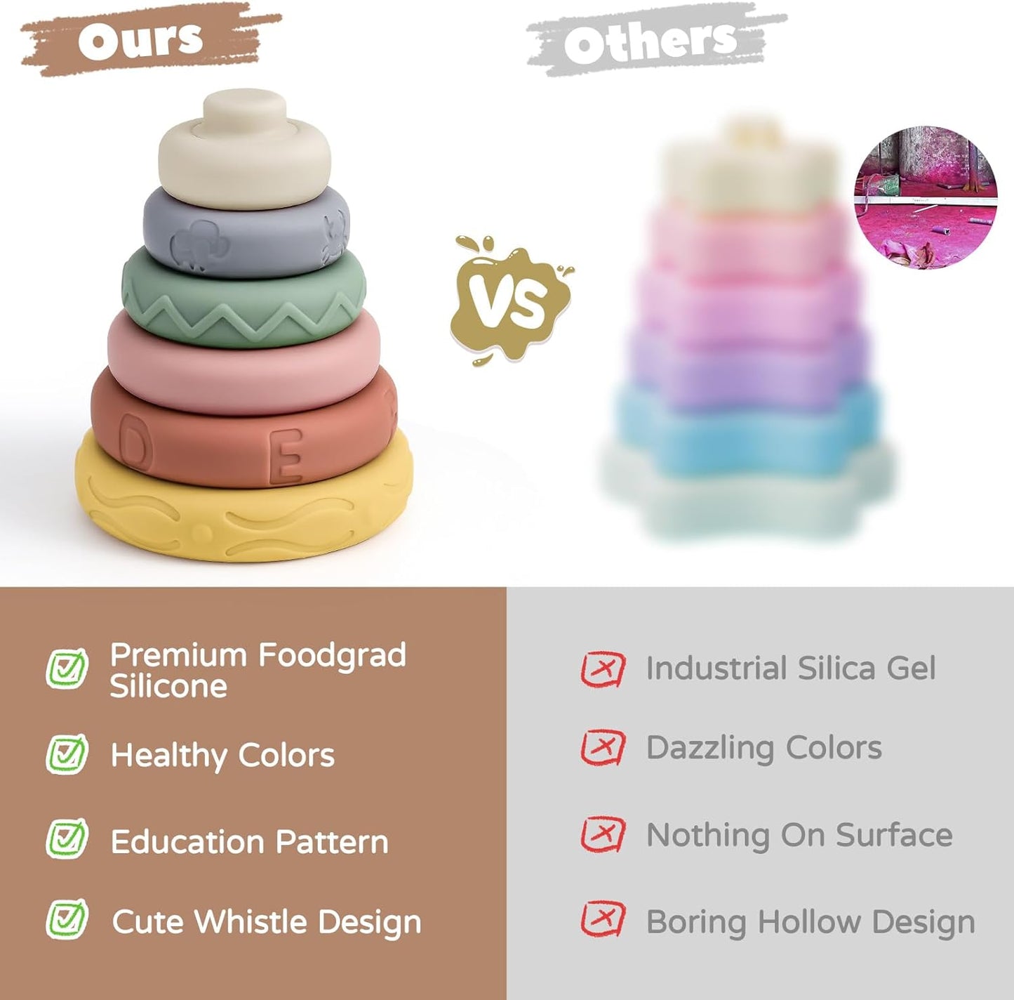 Mini Tudou 6 Pcs Stacking & Nesting Circle Toy 4.7",Soft Building Rings Stacker & Teethers,Squeeze Play with Early Educational Learning Stacking Tower, Toy for 6+ Months Boys&Girls