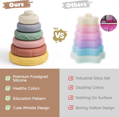 Mini Tudou 6 Pcs Stacking & Nesting Circle Toy 4.7",Soft Building Rings Stacker & Teethers,Squeeze Play with Early Educational Learning Stacking Tower, Toy for 6+ Months Boys&Girls