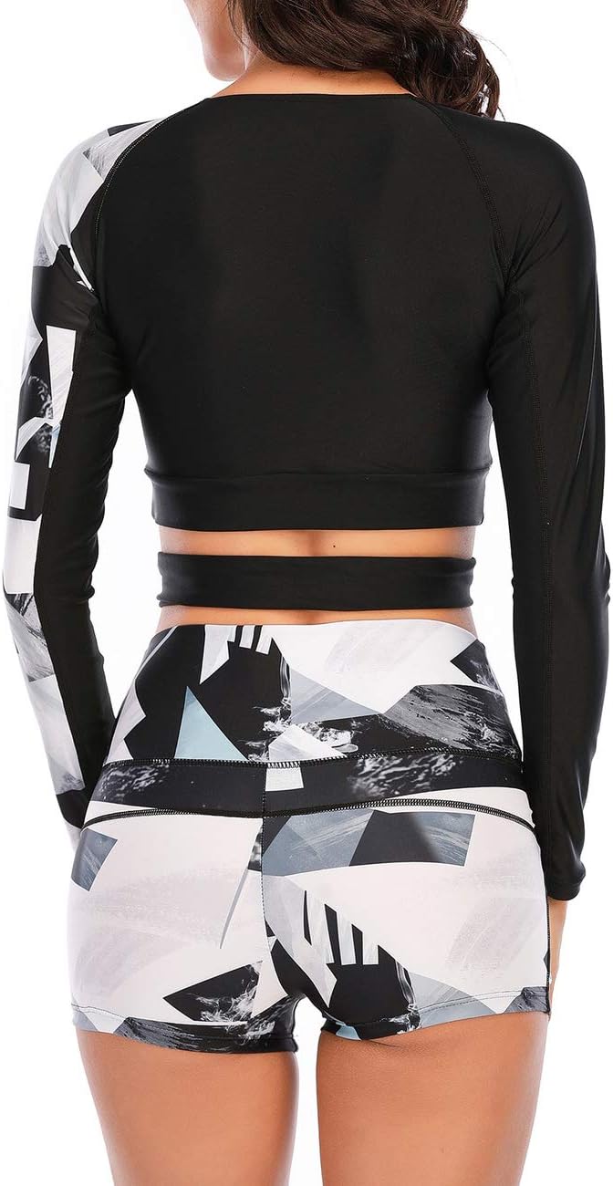 JadeRich Women's Fashion Pattern Long Sleeve Tankini Sets UPF 50+ Rash Guard Swimsuit Sun Block Swimwear