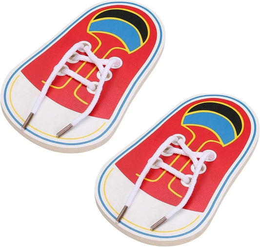 BWESOO 2 PCS Red Shoes Learning Toy Kits Learn to Tie Your Own for Kids Practical Learning Toys for Young Children Training Board Kids Toddler Early Wooden Threading Lacing Shoes Craft Kits