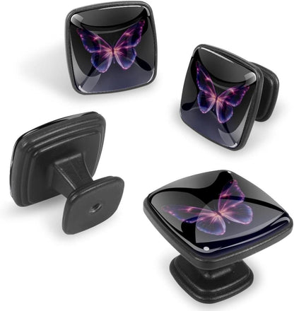 4 Pack Cabinet Knobs Drawer Pulls, 30mm Round ABS Glass Drawer Hardware Growing Purple Butterflies Cabinet Handles with Screws for Dressers Kitchens Cupboard