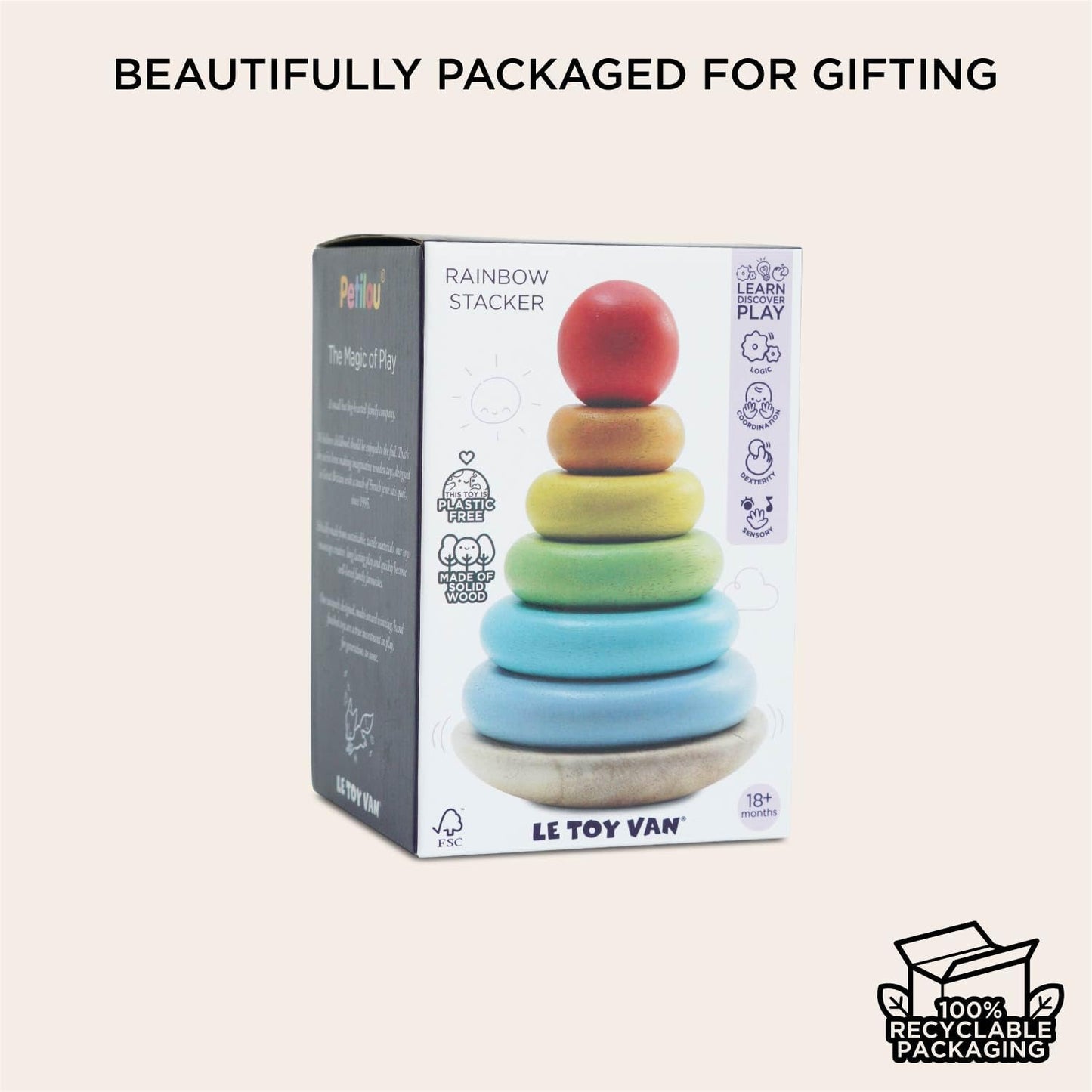 Le Toy Van – Wooden Rainbow Stacker | Girl & Boy 7 Piece Rainbow Wobbling Ring Stacker – Suitable for 18+ Months
