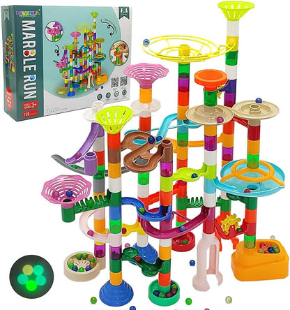 DSHMIXIA Marble Run Marble Maze Race Track with Glowing Marbles for Kids Ages 3-4-8-10 Sturdy Building Toys Kids Games Amazing Fun Gifts (Super)