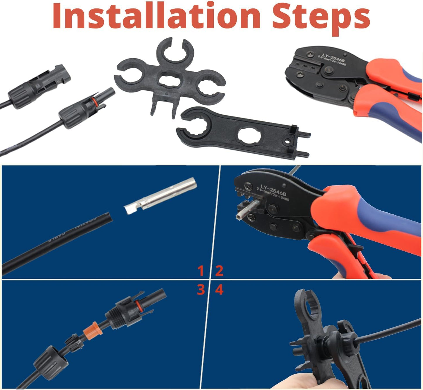 MC-4 Connector kit Solar Cable Connector kit 12 Pairs of Solar connectors and 2 Spanner Wrenches Along with a Wire Crimper Photovoltaic System Connector kit