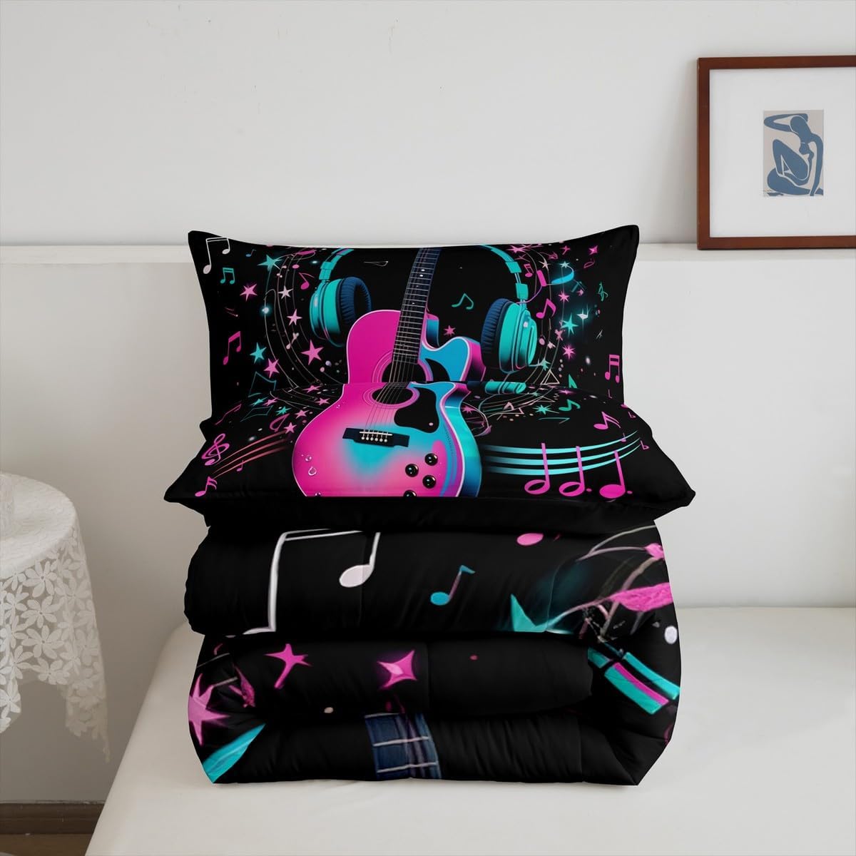 Erosebridal Drum Kit 3D Print Kids Comforter Sets Rock Music Themed Full Bedding Set for Boys Girls Musical Pattern Comforter Set,Colorful Retro Style Quilt Duvet 3 Pcs