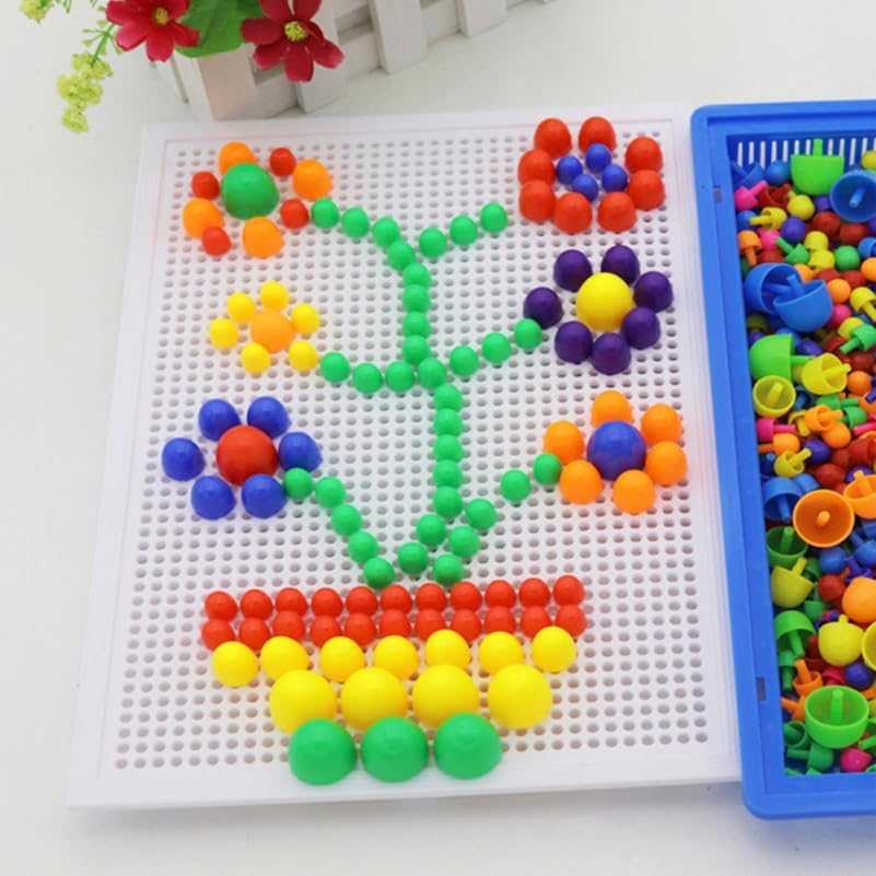 592Pcs Mushroom Nail Beads Puzzle Set Kids Educational Toy Pegboard Game for Creativity Hand Eye Coordination Safe Plastic Pieces 10.8X7.5 Inch