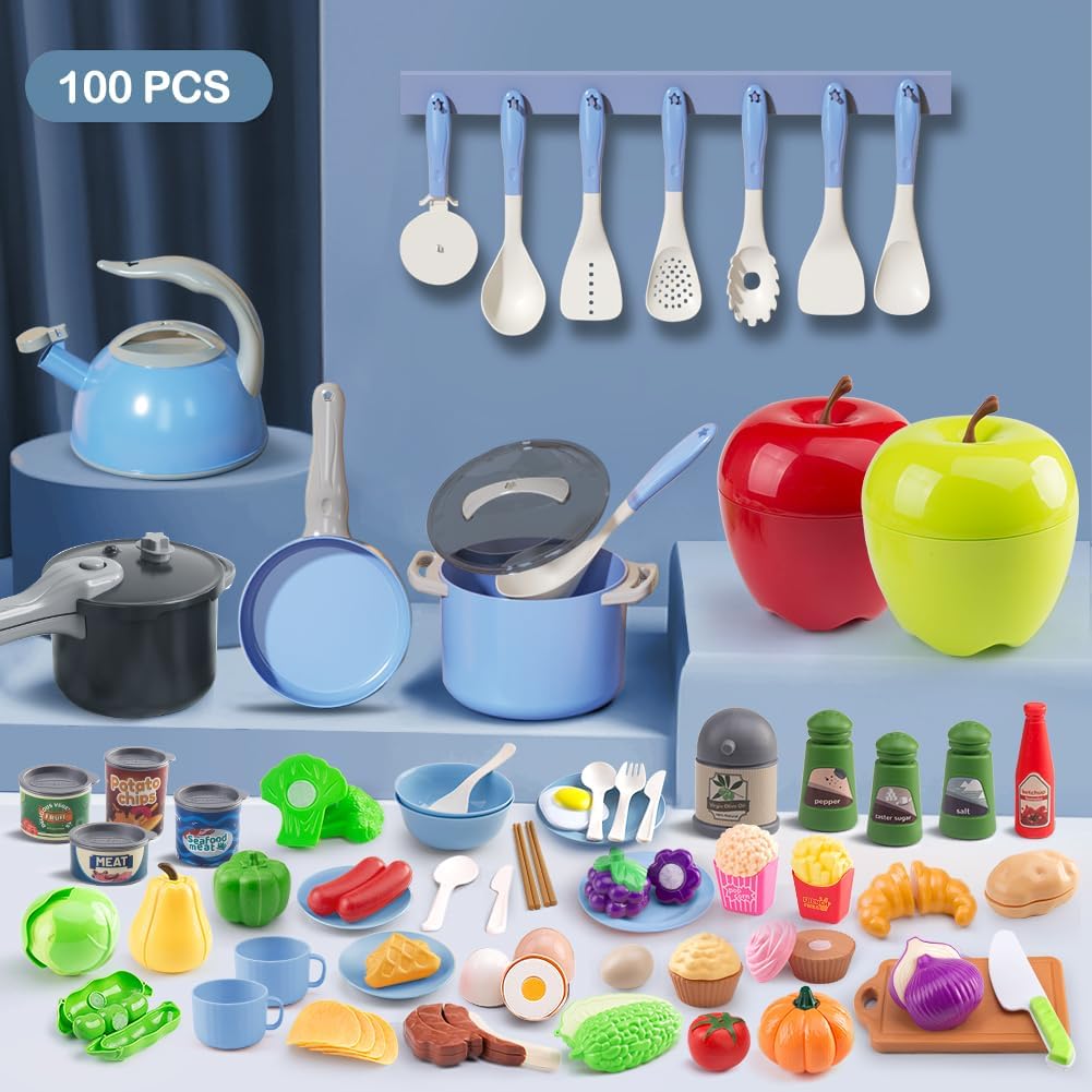130Pcs Kitchen Playset, Toddler Pretend Cooking Play Pots, Pans, Utensils Cookware, Daily Food Fruit Veges, Shopping Storage Basket, Dessert, Prop Money, Learning Gift for Child (Pink)