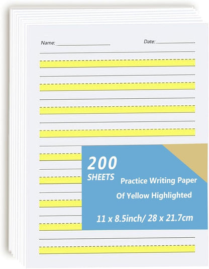 Write Beginner Paper Level 1, Writing Paper with Lines and Yellow Highlighted Practice Writing Papers for Kids Proper Letter Positioning, 100gsm Paper, 11 x 8.5'', 100 Sheets