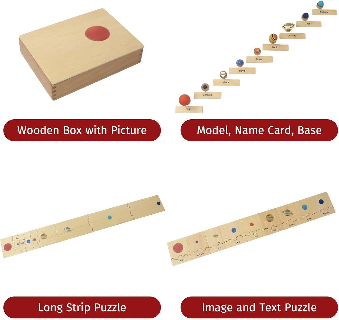 ancona Solar System, Spanish/English Bilingual, Montessori Geography & Space Learning: Preschool Memory Matching Game Box Set with 9 Planet Figurines & Matching Puzzle Cards, Early Education Toy