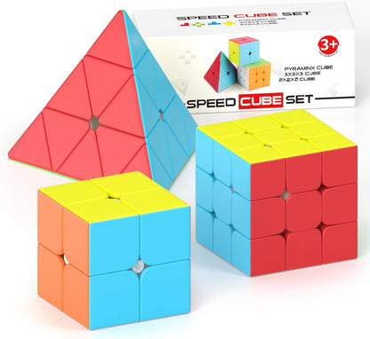 Vdealen Speed Cube Set, 2x2x2 3x3x3 Pyramid Magic Cube Set, Puzzle Cube Toys Birthday Party Christmas Stocking Stuffers Gift for Kids Teens Adults(Carbon Fiber Sticker)