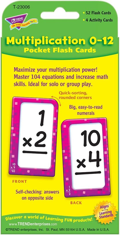 Trend Enterprises: Multiplication 0-12 Pocket Flash Cards, Great for Skill Building and Test Prep, 56 Self-Checking Cards Included, Master 104 Equations and Increase Math Skills, for Ages 6 and Up