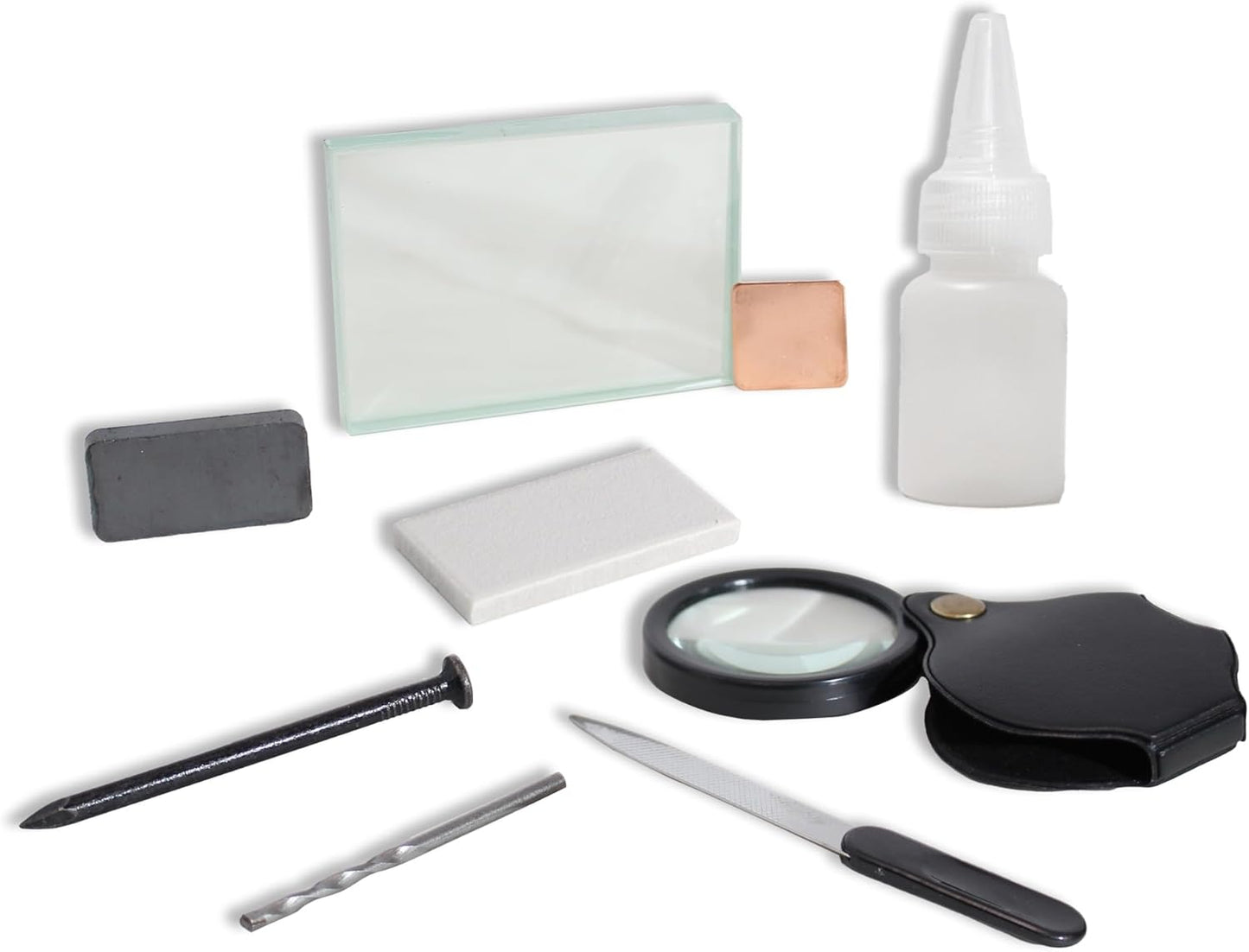Mineral ID Kit - 9 Pieces - Includes Dropper Bottle, Streak Plate, Glass Plate, Magnet, Nail, Copper Sheet, Retractable Hand Lens, Nail File, Alloy Drill Bit for Geology Classrooms