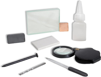 Mineral ID Kit - 9 Pieces - Includes Dropper Bottle, Streak Plate, Glass Plate, Magnet, Nail, Copper Sheet, Retractable Hand Lens, Nail File, Alloy Drill Bit for Geology Classrooms