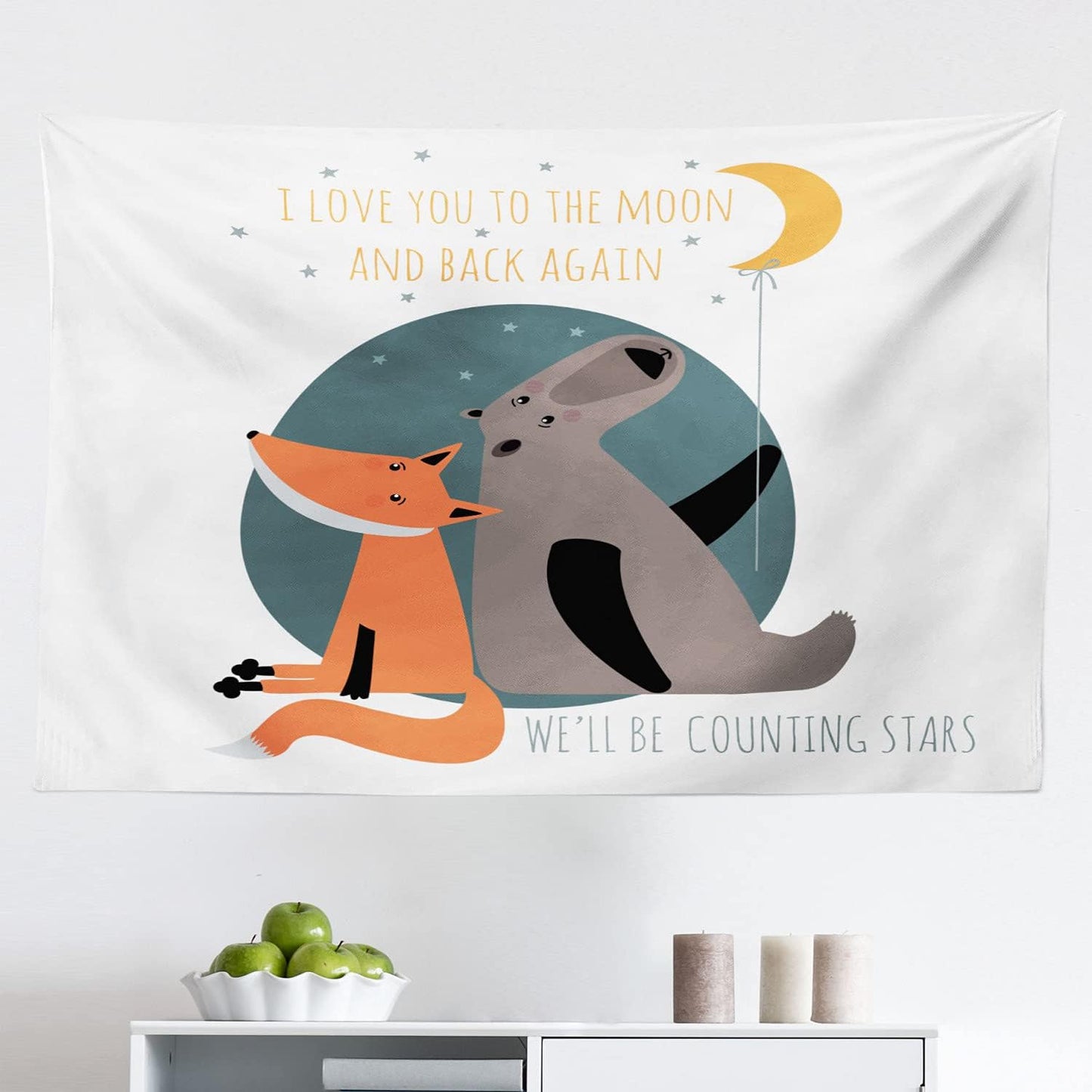 Ambesonne I Love You Tapestry, Bear and Fox in Love Counting Stars at Night Animal Birthday Print, Fabric Wall Hanging Decor for Bedroom Living Room Dorm, 45" X 30", Orange Slate Blue Grey