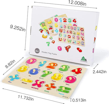 GRINNNIE Wooden Peg Puzzle for Toddlers 3 4 5 Years Old, 4 PCS Montessori Educational Learning Puzzles Set-Numbers, Letters, Animals and Fruits, Great Preschool Gifts for Girls and Boys