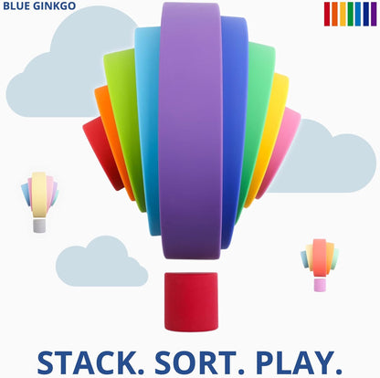 BLUE GINKGO Silicone Rainbow Stacker - Montessori Nesting Puzzle | Kids and Toddler | Stacking Sensory Toys - 7 Layers (Pastel)