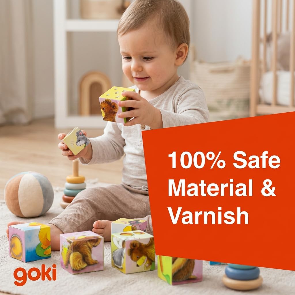 GOKI Wooden Cube Puzzles for Toddlers 2-4 Inspired Montessori Toy 6-in-1 Animal Toddler Puzzle - 4 Wooden Cubes - Educational Toy for Kids Ages 2+ Farm-Themed - Designed with Love in Germany