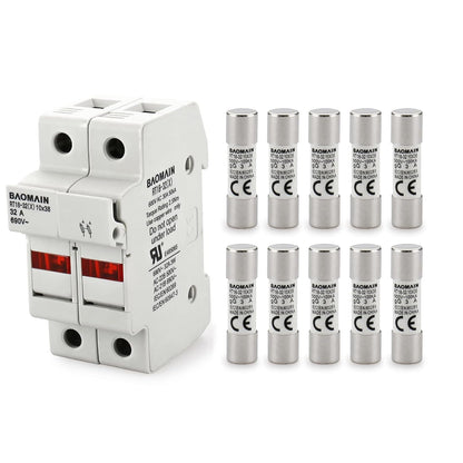 Baomain RT18-32 Fuse Holder Base with 10x20A Ceramic Fuses (10x38mm) – 2 Pole DIN Rail Mount, LED Indicator, CE Certified (20 Amp)