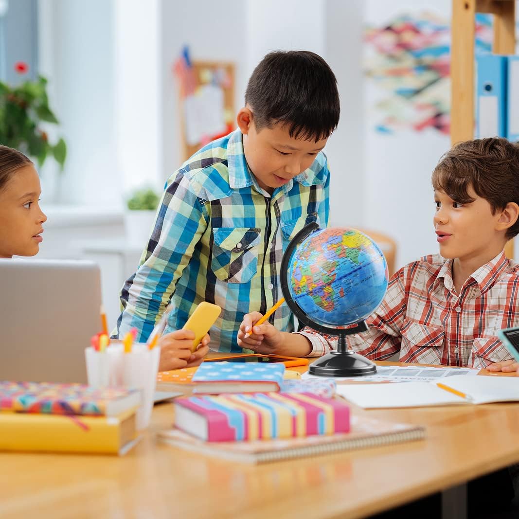 World Globe for Kids Learning - 6 inch Interactive Earth Globe with Stand for Children Students Educational Geography, Spinning World Globes Map Decorative Kids Room Classroom, Desk, Office, Home