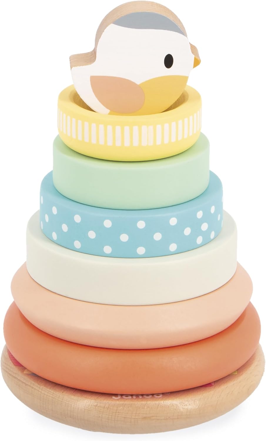 Janod - Stackable Culbuto Wooden Bird Toy - 7 Pieces to Stack - Stacking Tower - Moving Base - Baby Toy from 1 Year - J05145