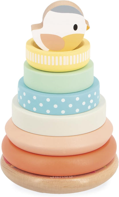 Janod - Stackable Culbuto Wooden Bird Toy - 7 Pieces to Stack - Stacking Tower - Moving Base - Baby Toy from 1 Year - J05145