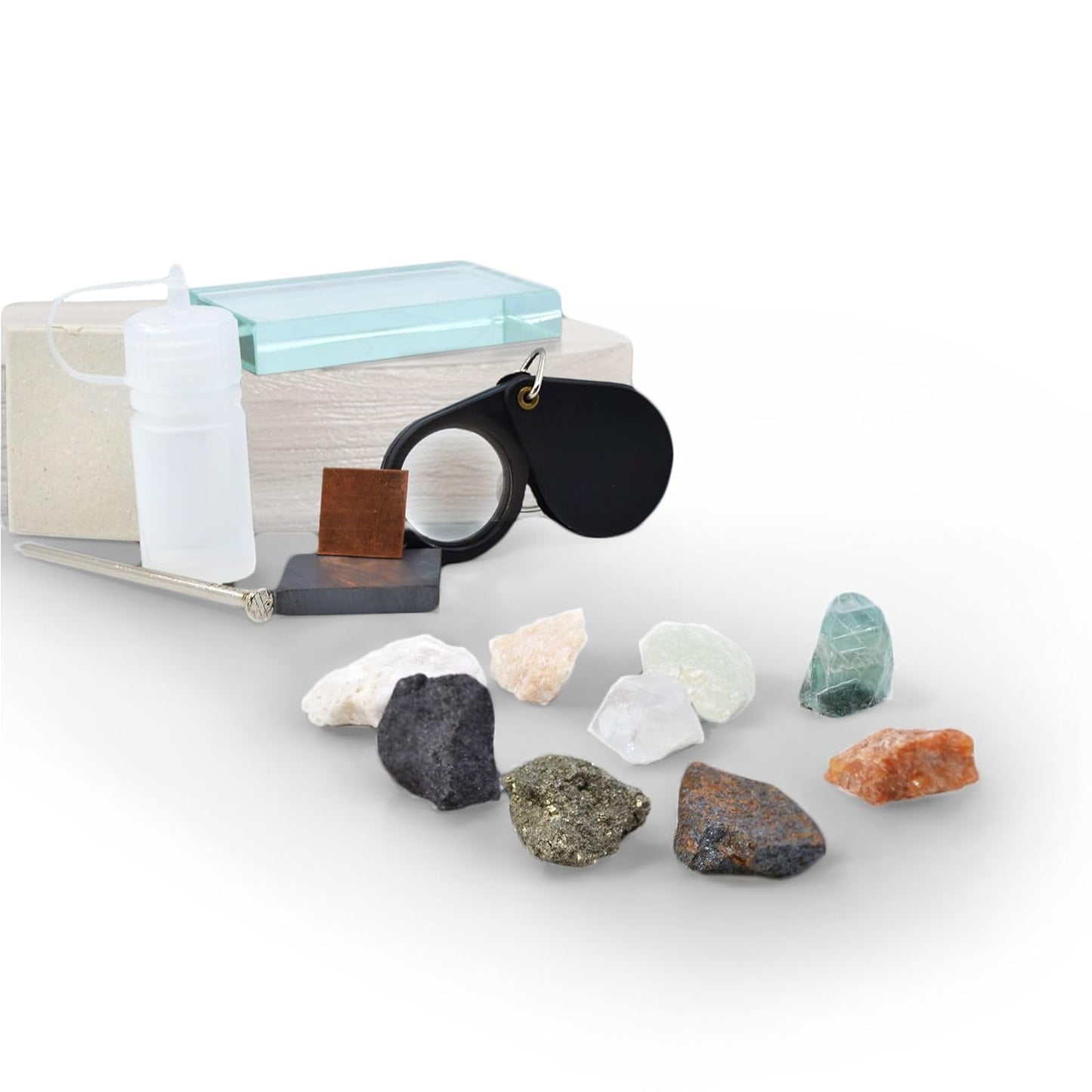Eisco - Mineral Test Kit with 9 Raw Mineral Samples and Testing Tools - Includes Streak Plate, Magnet, Hand Lens, and More - Classroom and Field Geology Identification Kit