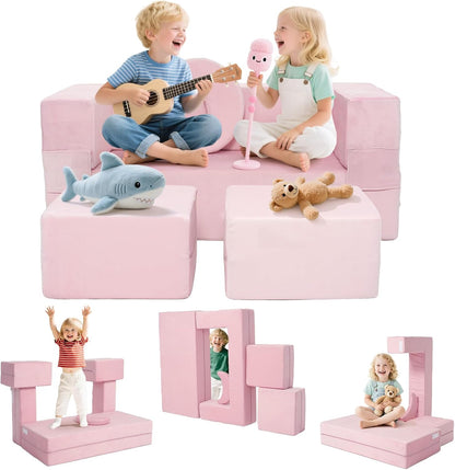 Tangram Puzzles modular kids play couch building fort, Children explorer sofa with Ball Pit, Kids playroom convertible furniture for Inspiring Child Creativity, Made entirely of sponge (Blue Series)