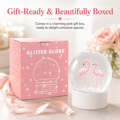 Flamingo Snow Globe for Adults, Christmas Snow Globes for Girls Kids Women, 100MM Glitter Snowglobe Gifts for Valentines Halloween Birthday Table Decor