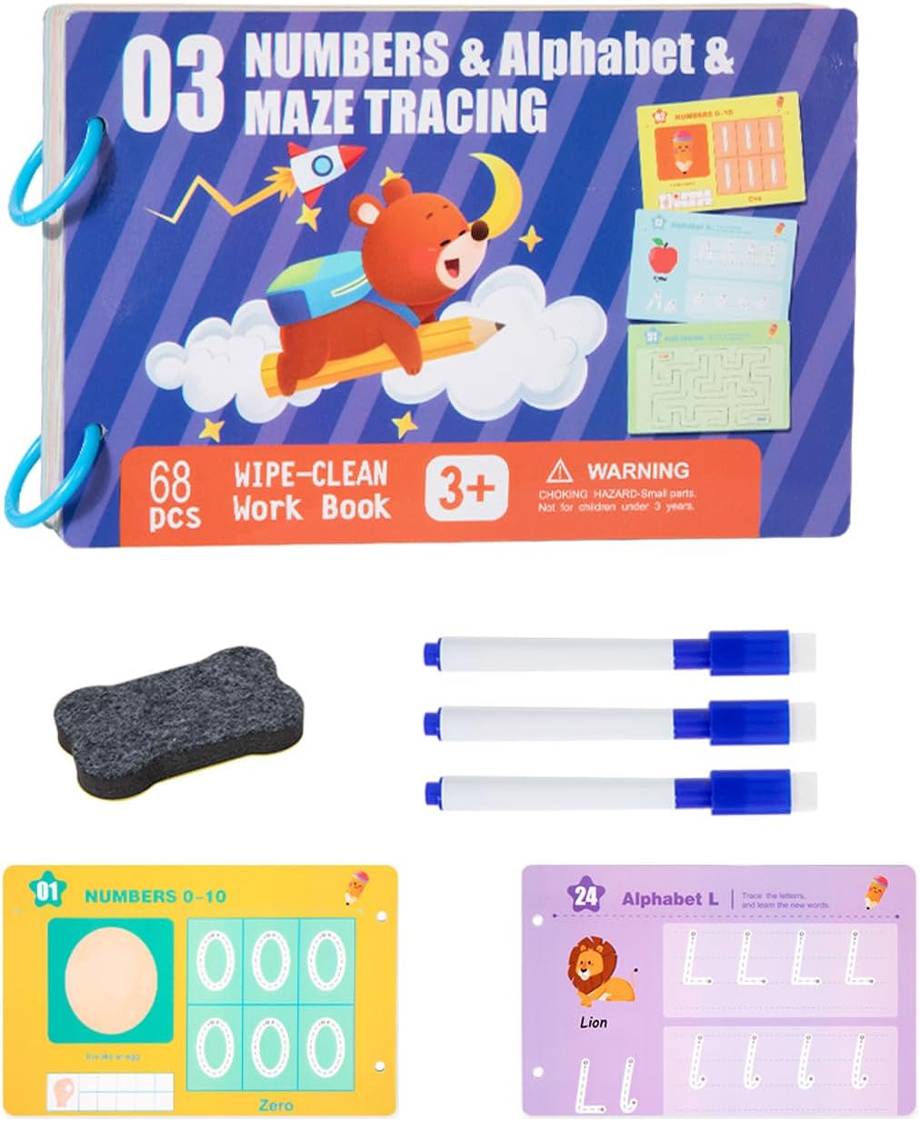 Preschool Handwriting Practice Book, Toddler Letter Tracing, Kindergarten Number Workbooks, with 68 Pages Reusable Magic Educational for Kids, Montessori Learning Activities, Toys for 3 4 5 Year Old
