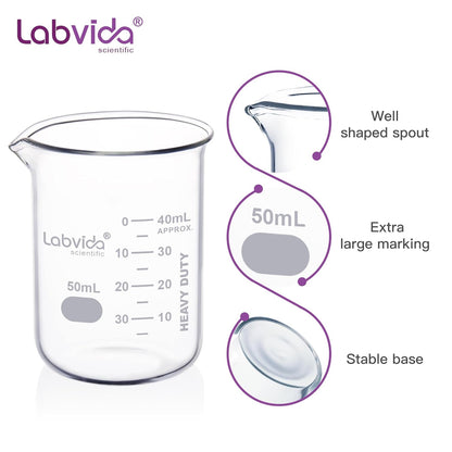 12pcs 50ml Upgrated Thick Glass Beakers, Shot Glass Beaker set, 3.3 Boro Griffin Low Form, Double Scale, LVA003