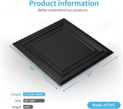 Art3d PVC Ceiling Tiles, 2'x2' Plastic Sheet in Black (12-Pack)