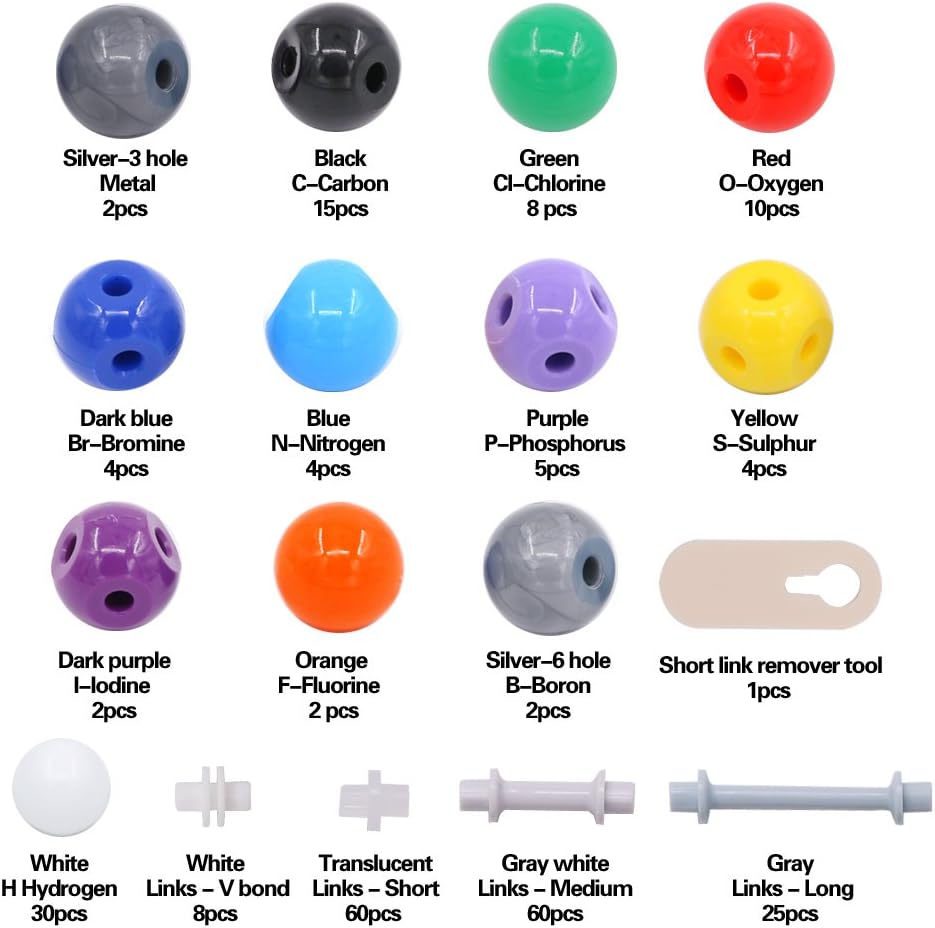 Swpeet 125 Pcs Molecular Model Kit for Inorganic & Organic Molecular Model Teacher and 16 Years and Over Student Kit - 54 Atoms & 70 Links & 1 Short Link Remover Tool - Science Toys