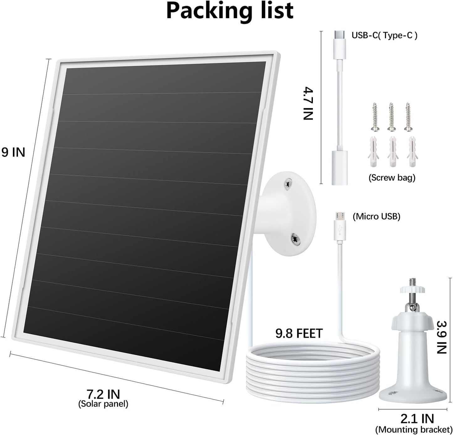 8W Solar Panel for Outdoor Security Camera, 5V Micro USB and USB - C Solar Panel Charger ，Fits Eufy/Wyze/Reolink DC 5V Output, IP65/360° Adjustable, 9.8ft Cable, Fast Charging
