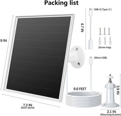 8W Solar Panel for Outdoor Security Camera, 5V Micro USB and USB - C Solar Panel Charger ，Fits Eufy/Wyze/Reolink DC 5V Output, IP65/360° Adjustable, 9.8ft Cable, Fast Charging