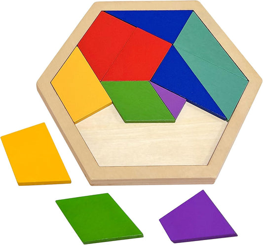 KINGOU Wooden Hexagon Puzzle Tangram for Kids and Adults, 12 Large Pieces Montessori Geometric Shape Brain Teasers, STEM Logic Game Learning Toy, Creative Desktop Coffee Table Travel Puzzle Gift