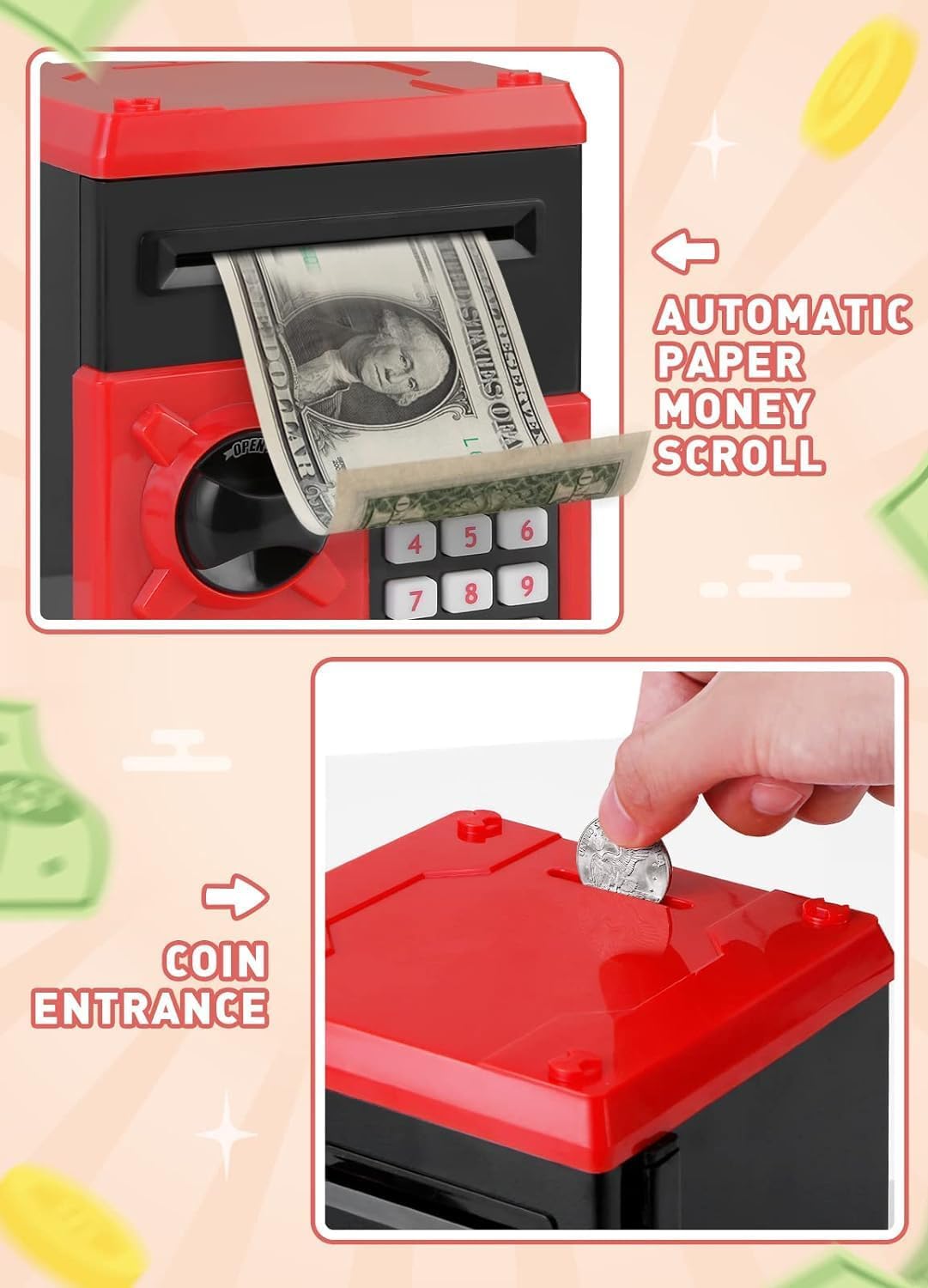 Playsheek Piggy Bank for Girls Boys Large Electronic Money Coin Banks with Password Protection, Automatic Paper Money Scroll Saving Box, Great Gift for Kids(Black-White)