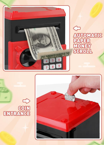 Playsheek Piggy Bank for Girls Boys Large Electronic Money Coin Banks with Password Protection, Automatic Paper Money Scroll Saving Box, Great Gift for Kids(Black-White)
