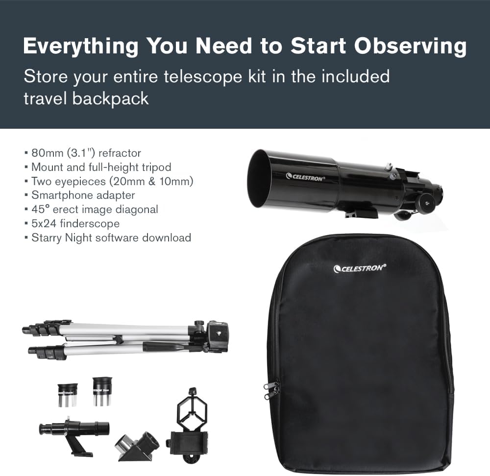 Celestron Travel Scope 80 Portable Refractor Telescope – 80mm Aperture, Fully-Coated Glass Optics – Includes Tripod, Smartphone Adapter, Backpack & Software – Ideal for Beginners & Travel