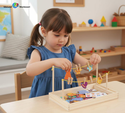 Montessori Practical Life Clothes Hanging Job Rope Strings Hanging Clothes with Clothespins Airing Clothes Montessori Classroom Clothes Hanging Dress-Up Game for 2-6 Years Old Toy Educational Gift