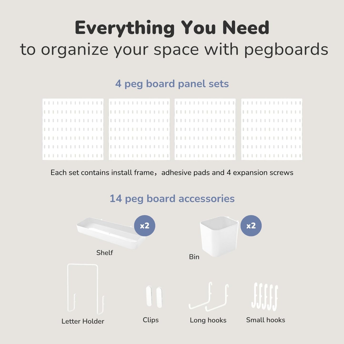 Keepo Peg Board Wall Organizer – Plastic Pegboard Panels, Modular Peg Board Storage System for Home Office, Craft Room, Gaming Setup (White, 33″×22″)