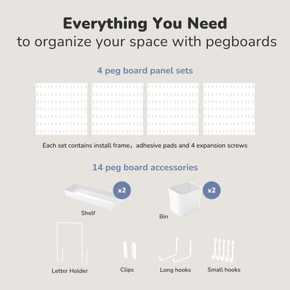Keepo Peg Board Wall Organizer – Plastic Pegboard Panels, Modular Peg Board Storage System for Home Office, Craft Room, Gaming Setup (White, 33″×22″)