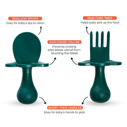 Grabease Baby Feeding Utensils - Anti-Choke Collar & Toddler Fork for Ages 1-3 - Easy-Grip Curved Handle Infant Spoon - Dishwasher-Safe Convenience & Baby Cutlery - Teal