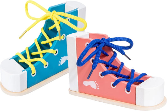 ‌Learn to Tie Shoes - Wooden Lacing Shoe Tying How to Tie Shoes Shoelaces Practice Kit, Safe & Reusable Shoelace Learning Tool Pink & Blue