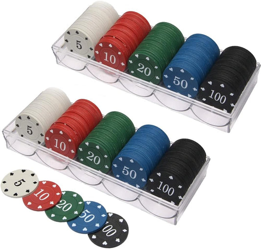 IXIGER Poker Chips Set(200pcs),Poker Chips with Denominations,Plastic Learning Counters Disks and Learning Math Counting Chips, 2PCS Counter chip Holder Game Night Party Supplies